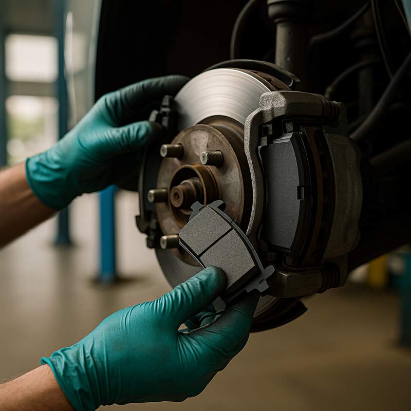 New brake pads being installed on a car during brake service in Kelowna