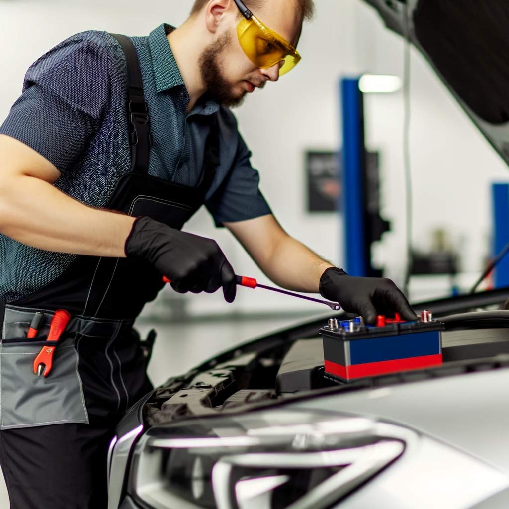 Primary Auto Repair mechanic working on testing a car battery