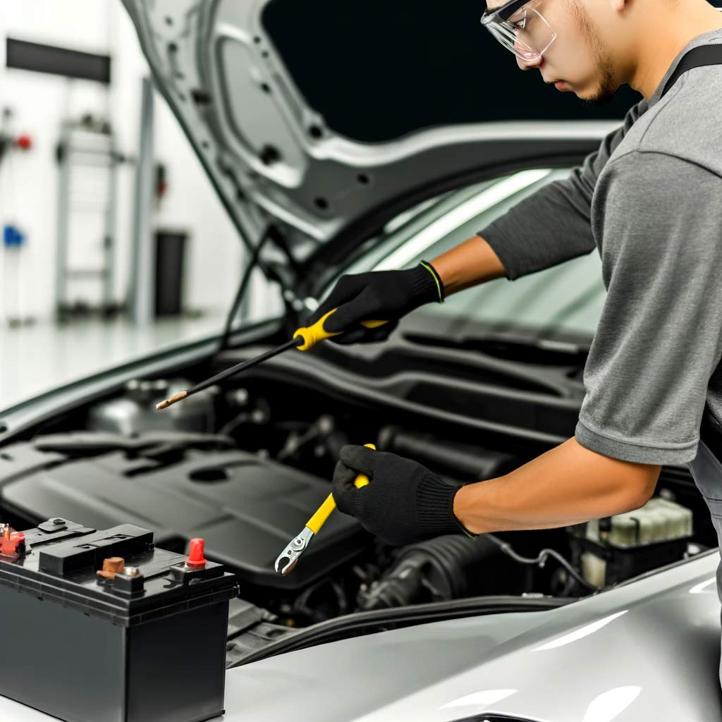 Primary Auto Repair mechanic working on installing a car battery