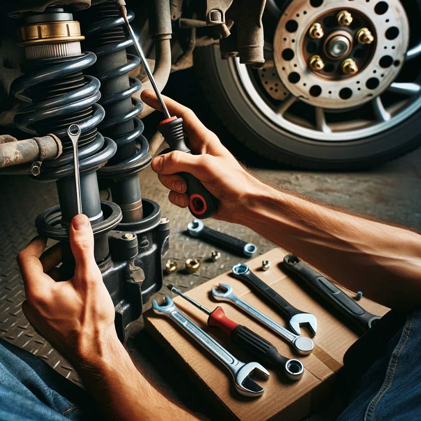 Primary Auto Repair mechanic working on installing a car steering